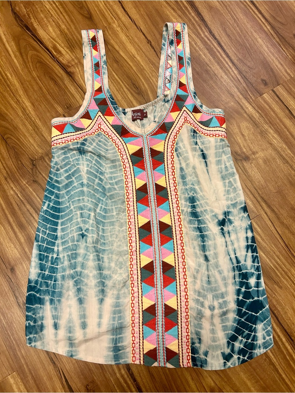 Avani Y2K Tribal Bohemian Embroidered Tank Top Blue Tie-dye Adjustable Straps M